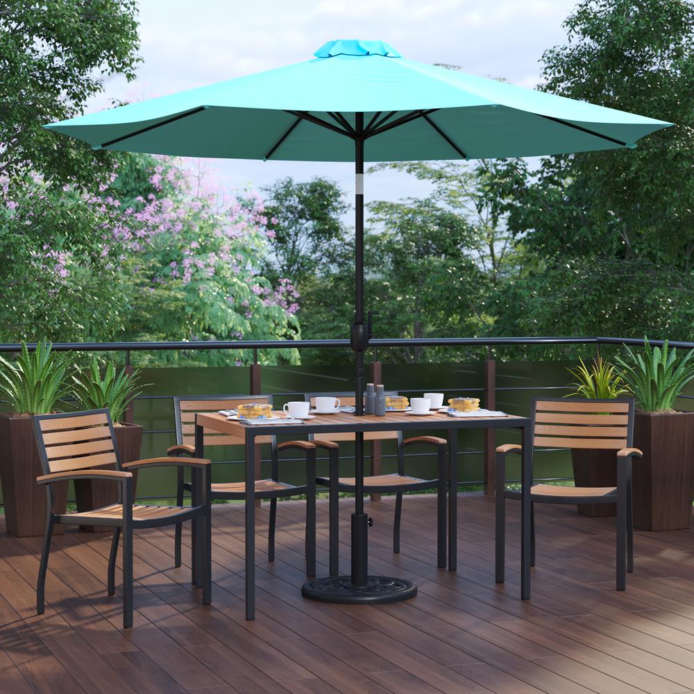 7 Piece Outdoor Patio Dining Table Set with 4 Synthetic Teak Stackable Chairs, 30" x 48" Table, Teal Umbrella & Base. Picture 2