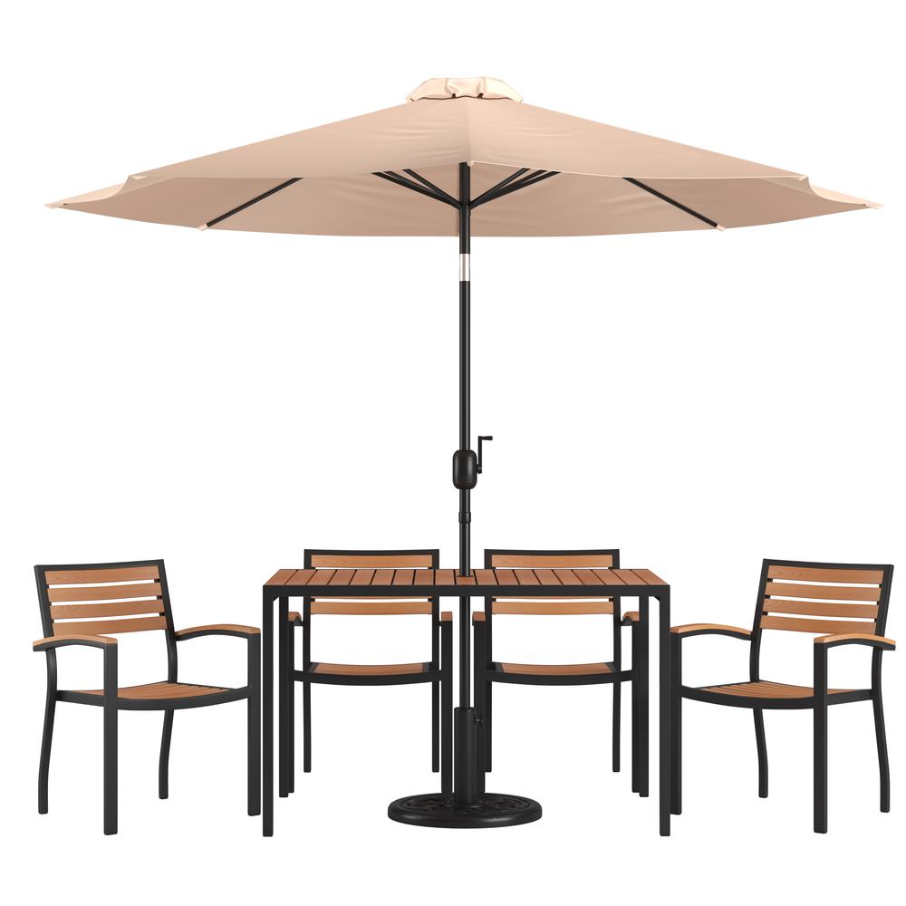 7 Piece Table Set with 4 Stackable Chairs, 30" x 48" Table, Tan Umbrella, Base. Picture 1