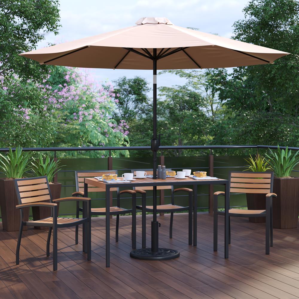 7 Piece Table Set with 4 Stackable Chairs, 30" x 48" Table, Tan Umbrella, Base. Picture 2