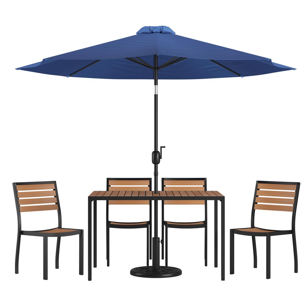 7 Piece Patio Set - 4 Stacking Chairs, 30" x 48" Table, Navy Umbrella, Base. Picture 1