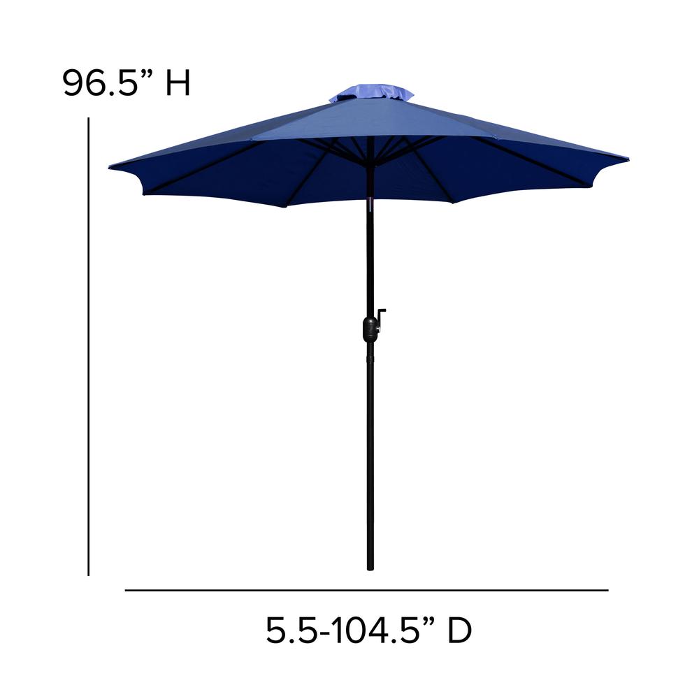 7 Piece Patio Set - 4 Stacking Chairs, 30" x 48" Table, Navy Umbrella, Base. Picture 10