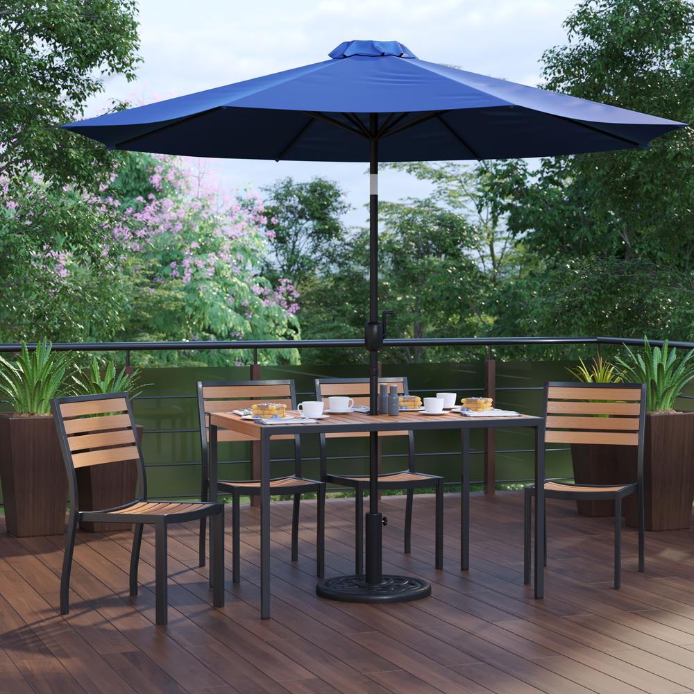 7 Piece Patio Set - 4 Stacking Chairs, 30" x 48" Table, Navy Umbrella, Base. Picture 2
