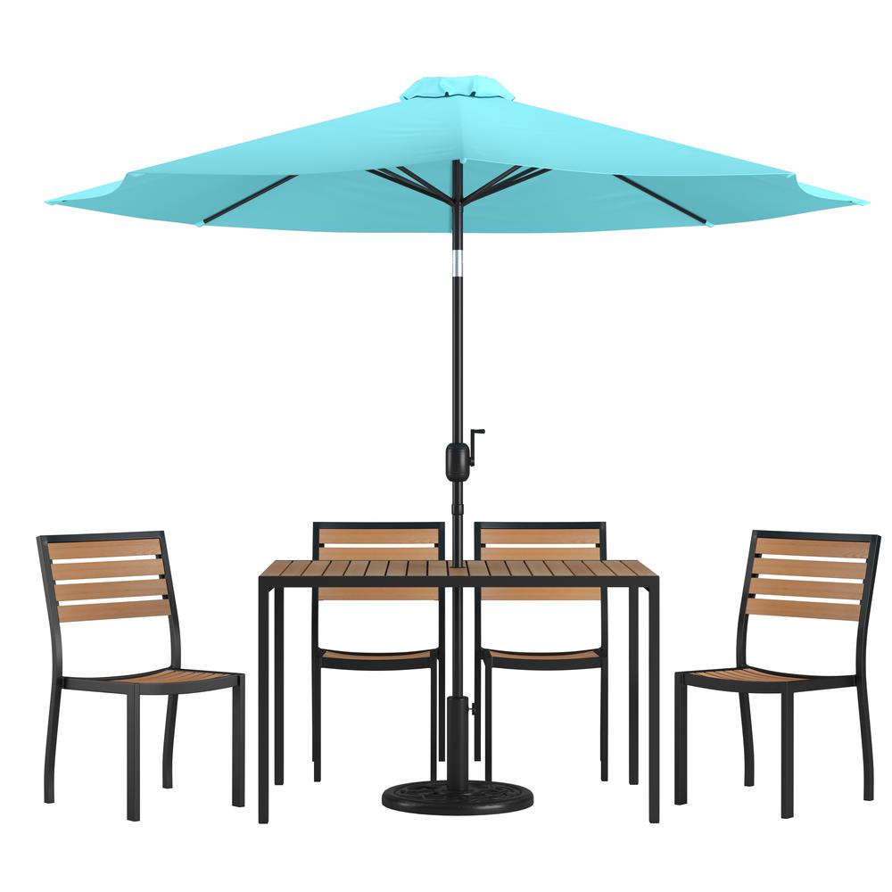 7 Piece All-Weather Deck or Patio Set with 4 Stacking Faux Teak Chairs, 30" x 48" Faux Teak Table, Teal Umbrella & Base. The main picture.