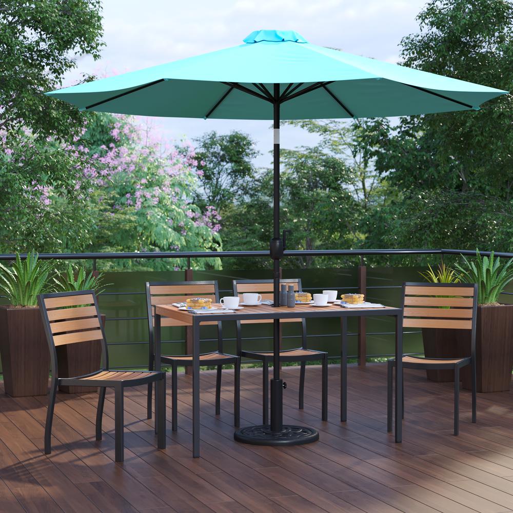 7 Piece All-Weather Deck or Patio Set with 4 Stacking Faux Teak Chairs, 30" x 48" Faux Teak Table, Teal Umbrella & Base. Picture 2
