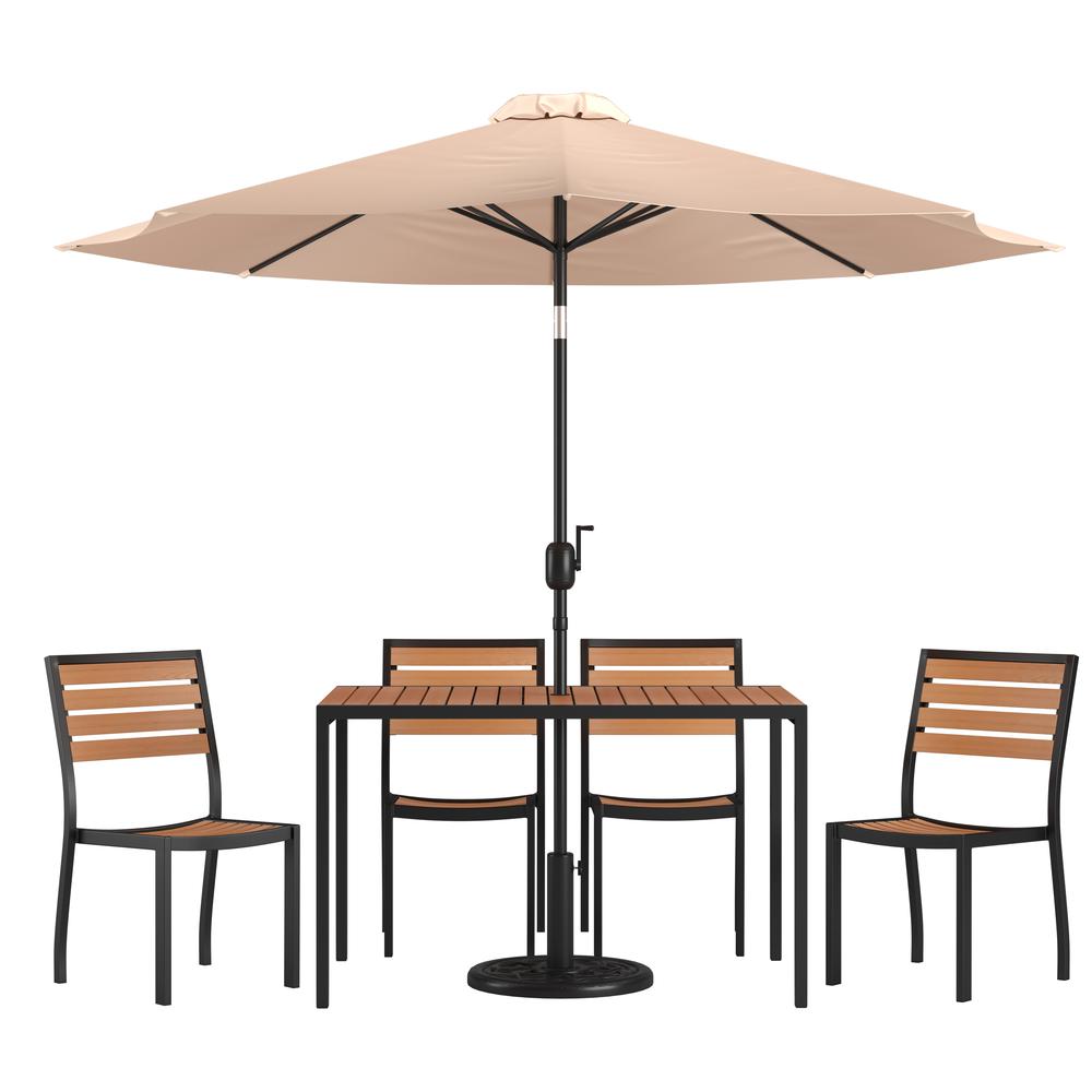 7 Piece Patio Set - 4 Stacking Chairs, 30" x 48" Table, Tan Umbrella, Base. Picture 1