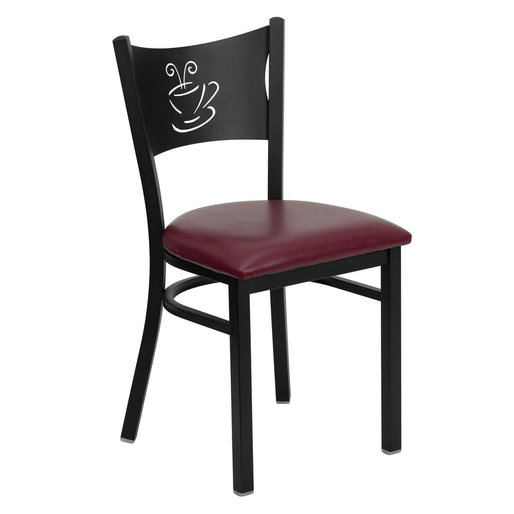 Black Coffee Back Metal Restaurant Chair - Burgundy Vinyl Seat. Picture 1