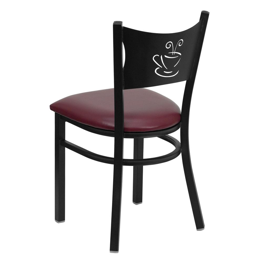 Black Coffee Back Metal Restaurant Chair - Burgundy Vinyl Seat. Picture 3