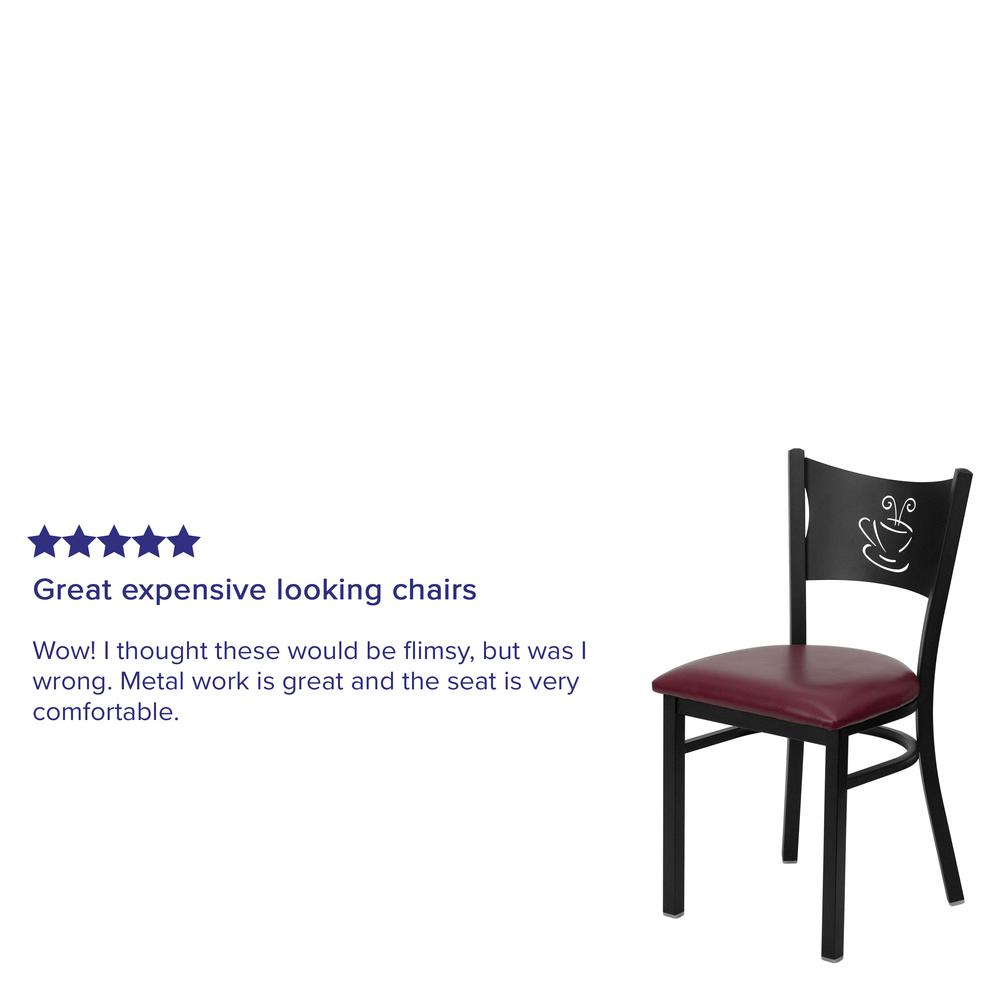 Black Coffee Back Metal Restaurant Chair - Burgundy Vinyl Seat. Picture 5