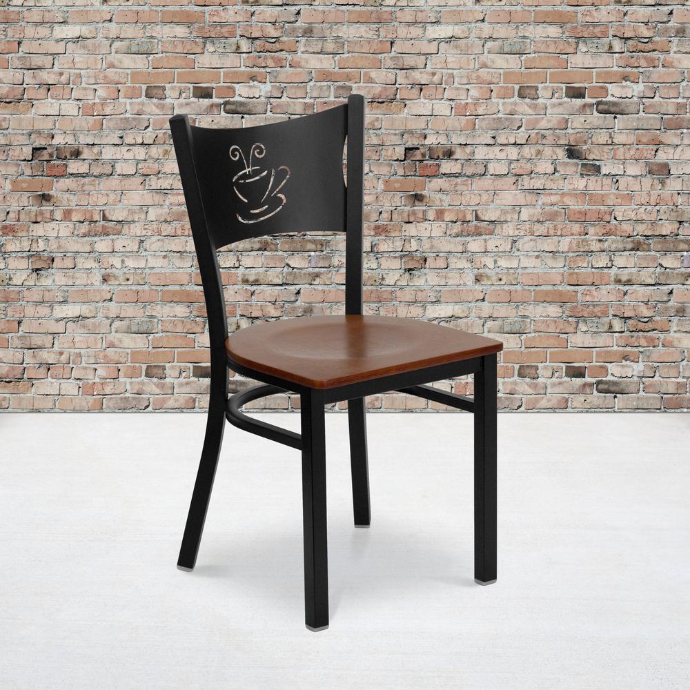 Black Coffee Back Metal Restaurant Chair - Cherry Wood Seat. Picture 5