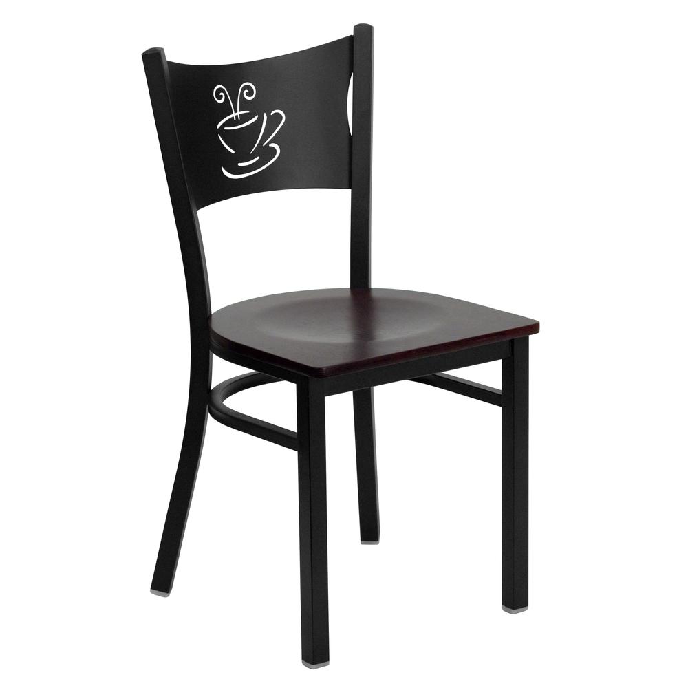 Black Coffee Back Metal Restaurant Chair - Mahogany Wood Seat. Picture 1