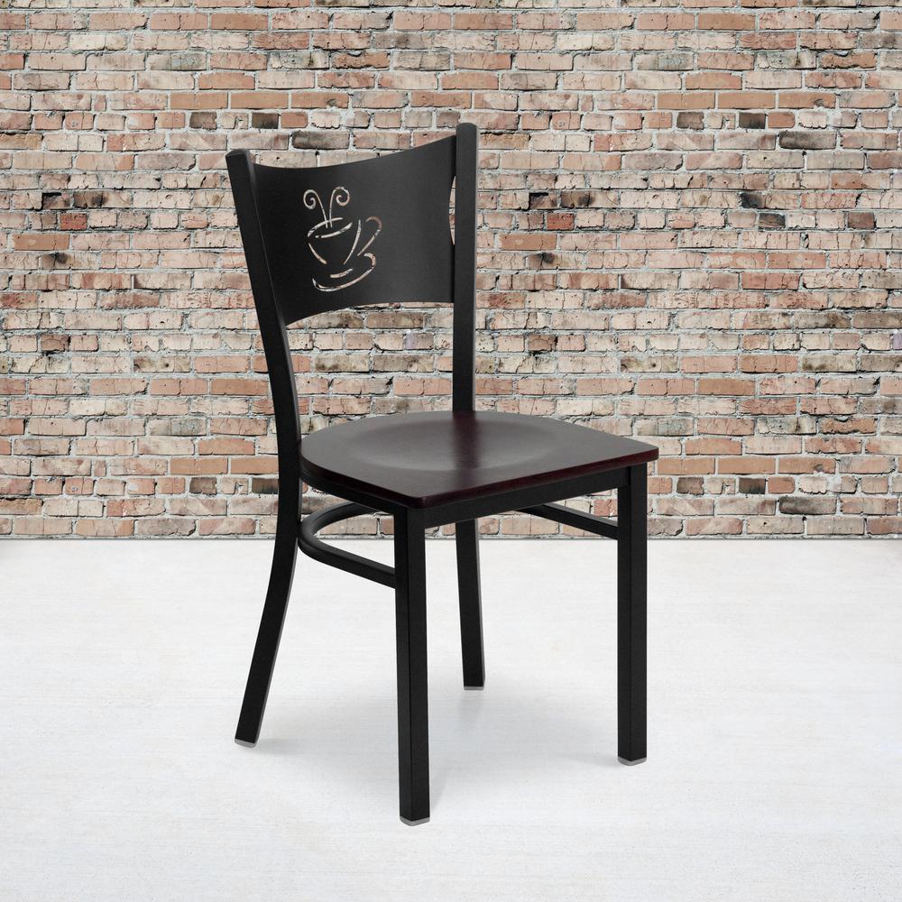 Black Coffee Back Metal Restaurant Chair - Mahogany Wood Seat. Picture 5
