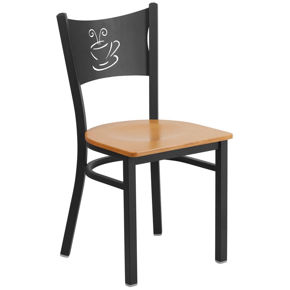 Black Coffee Back Metal Restaurant Chair - Natural Wood Seat. Picture 1