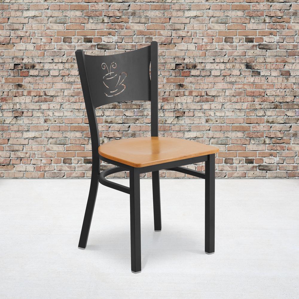 Black Coffee Back Metal Restaurant Chair - Natural Wood Seat. Picture 5