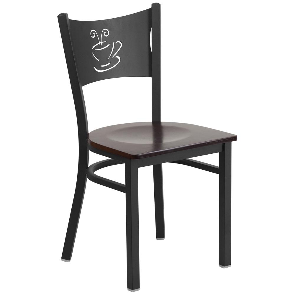 Black Coffee Back Metal Restaurant Chair - Walnut Wood Seat. Picture 1