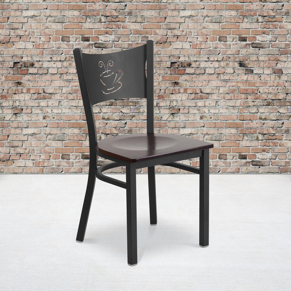 Black Coffee Back Metal Restaurant Chair - Walnut Wood Seat. Picture 5