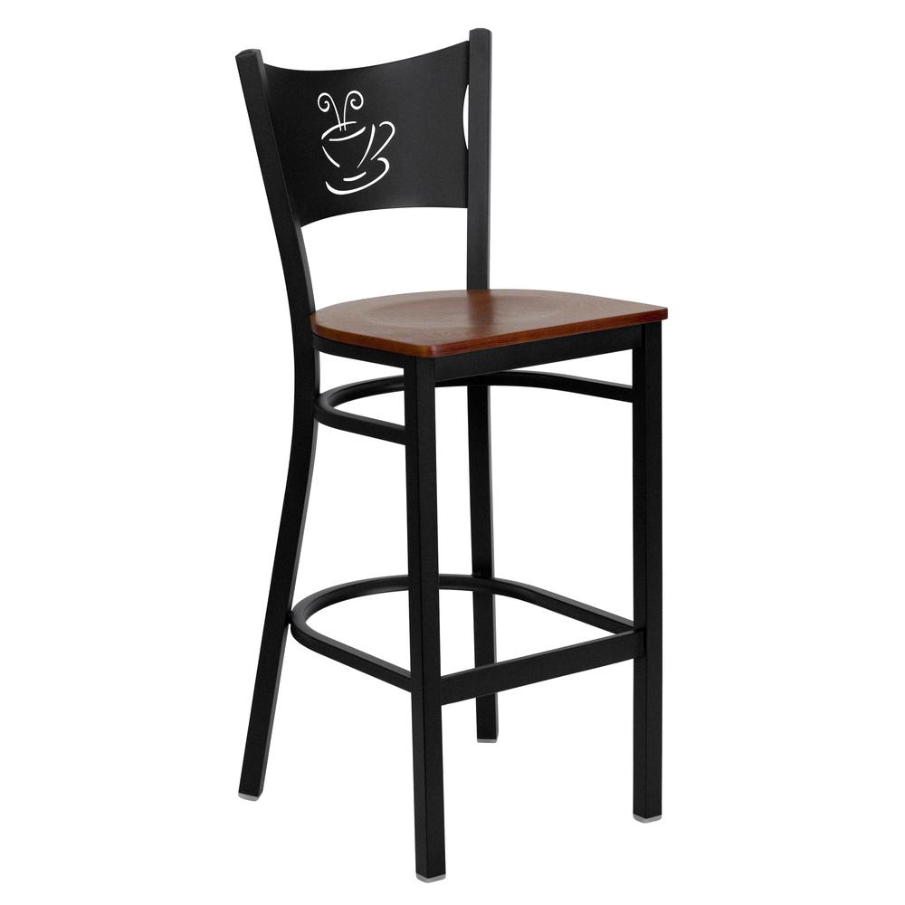 Black Coffee Back Metal Restaurant Barstool - Cherry Wood Seat. Picture 1