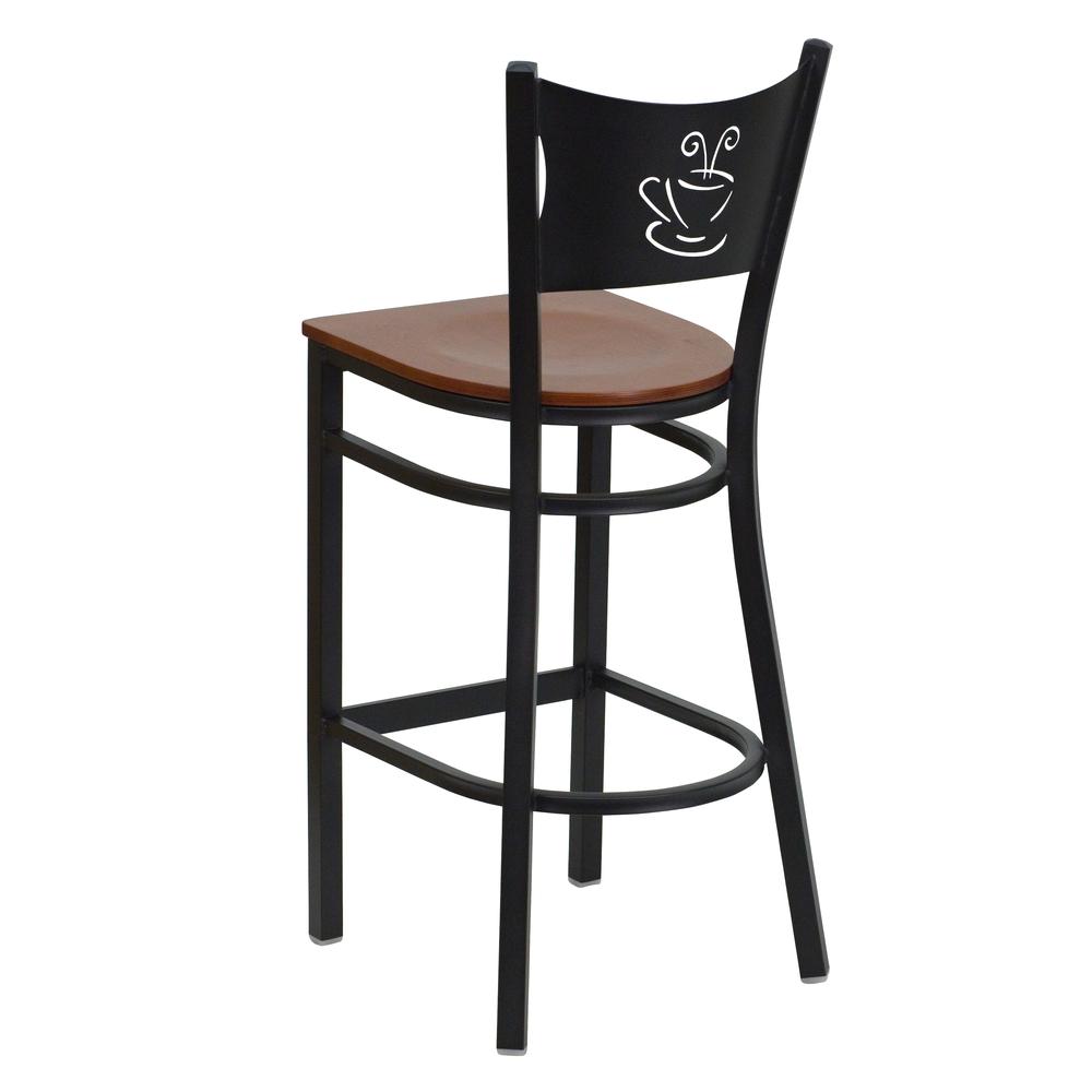 Black Coffee Back Metal Restaurant Barstool - Cherry Wood Seat. Picture 3