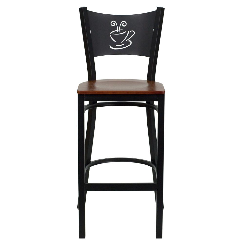 Black Coffee Back Metal Restaurant Barstool - Cherry Wood Seat. Picture 4