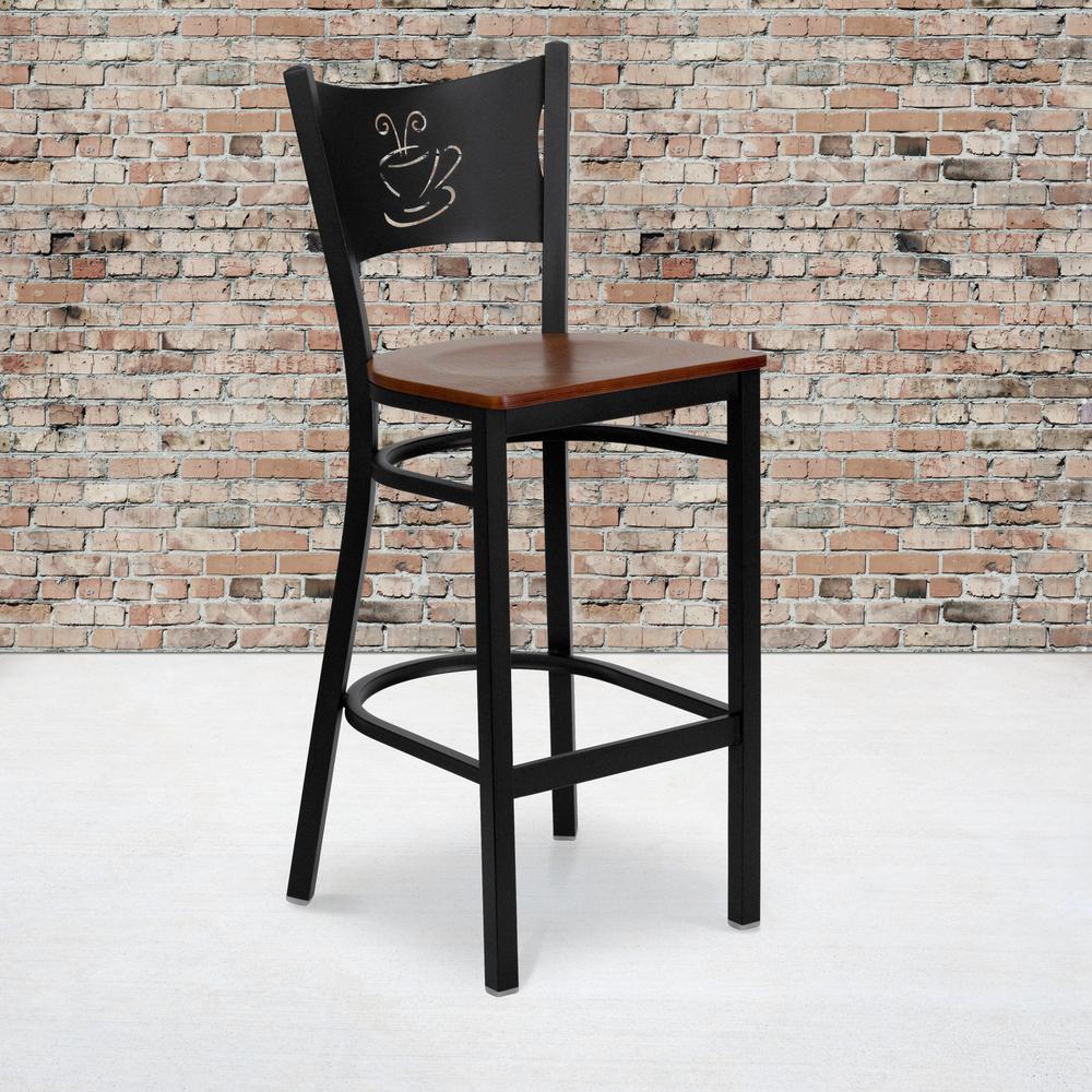 Black Coffee Back Metal Restaurant Barstool - Cherry Wood Seat. Picture 5