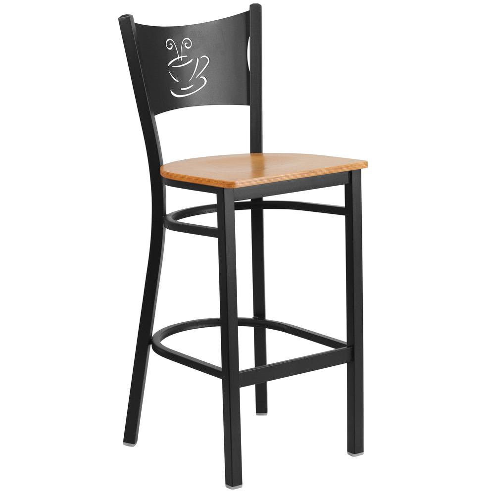 Black Coffee Back Metal Restaurant Barstool - Natural Wood Seat. The main picture.