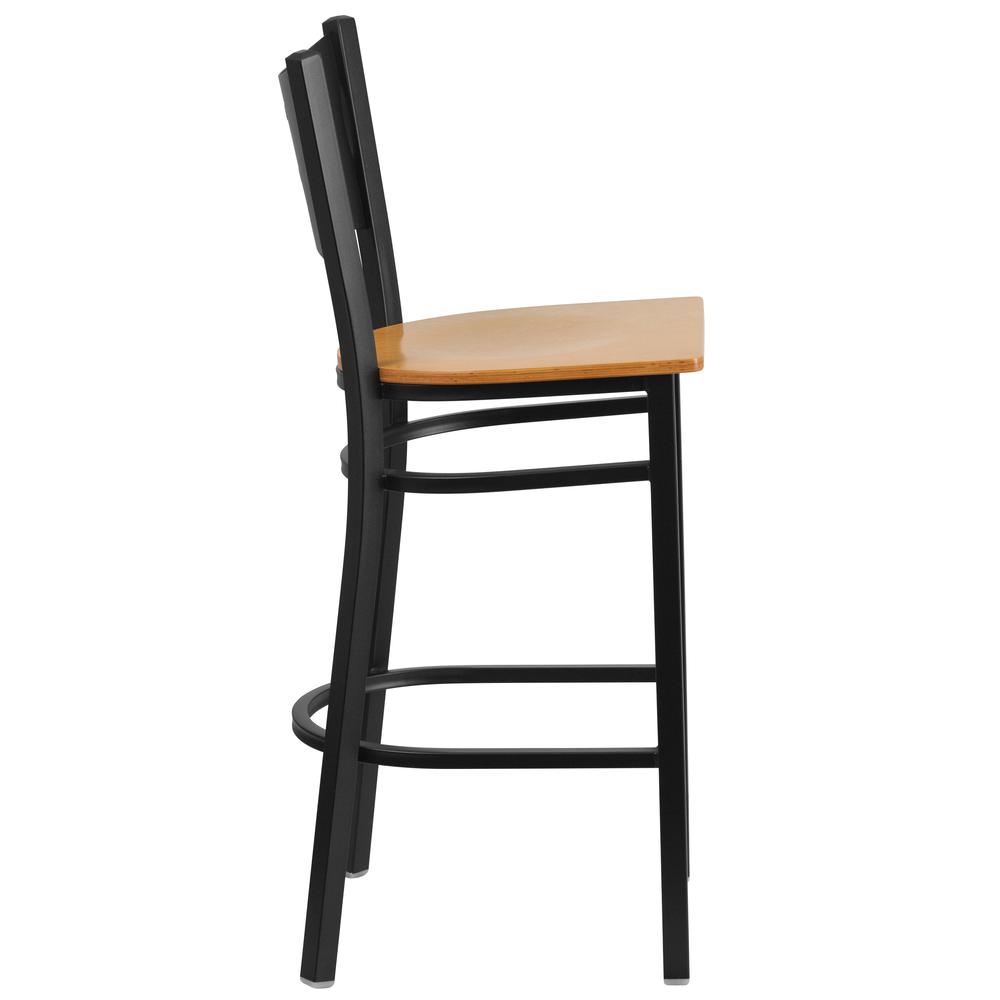 Black Coffee Back Metal Restaurant Barstool - Natural Wood Seat. Picture 2