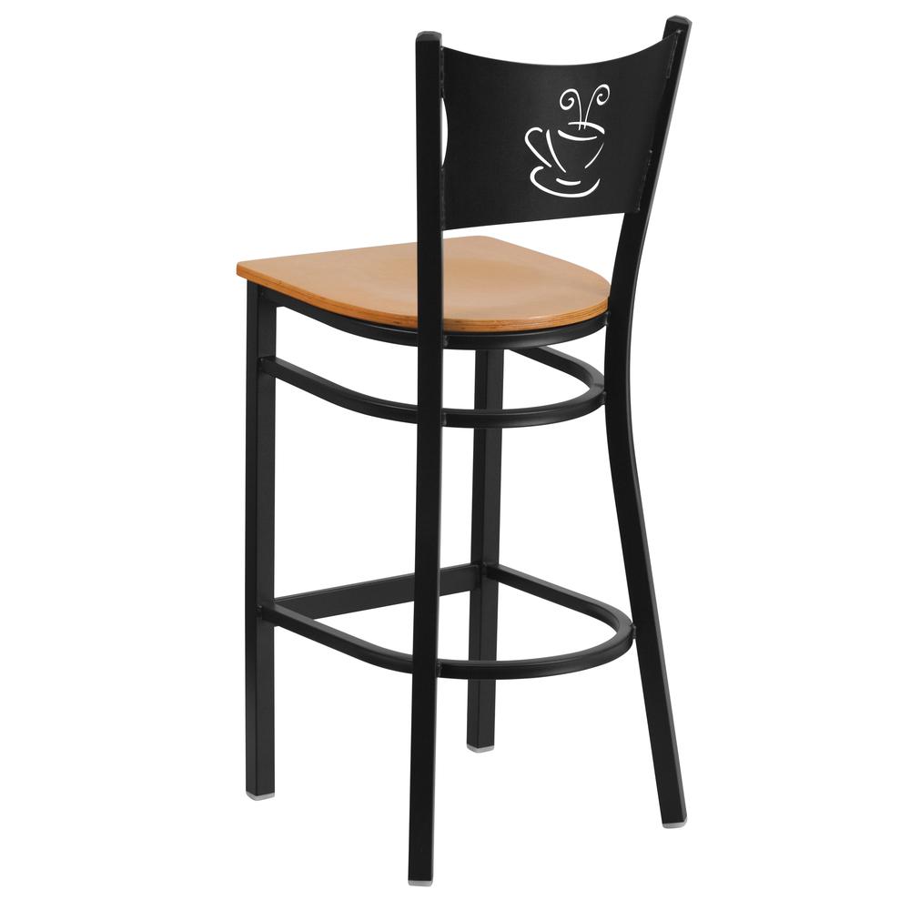 Black Coffee Back Metal Restaurant Barstool - Natural Wood Seat. Picture 3