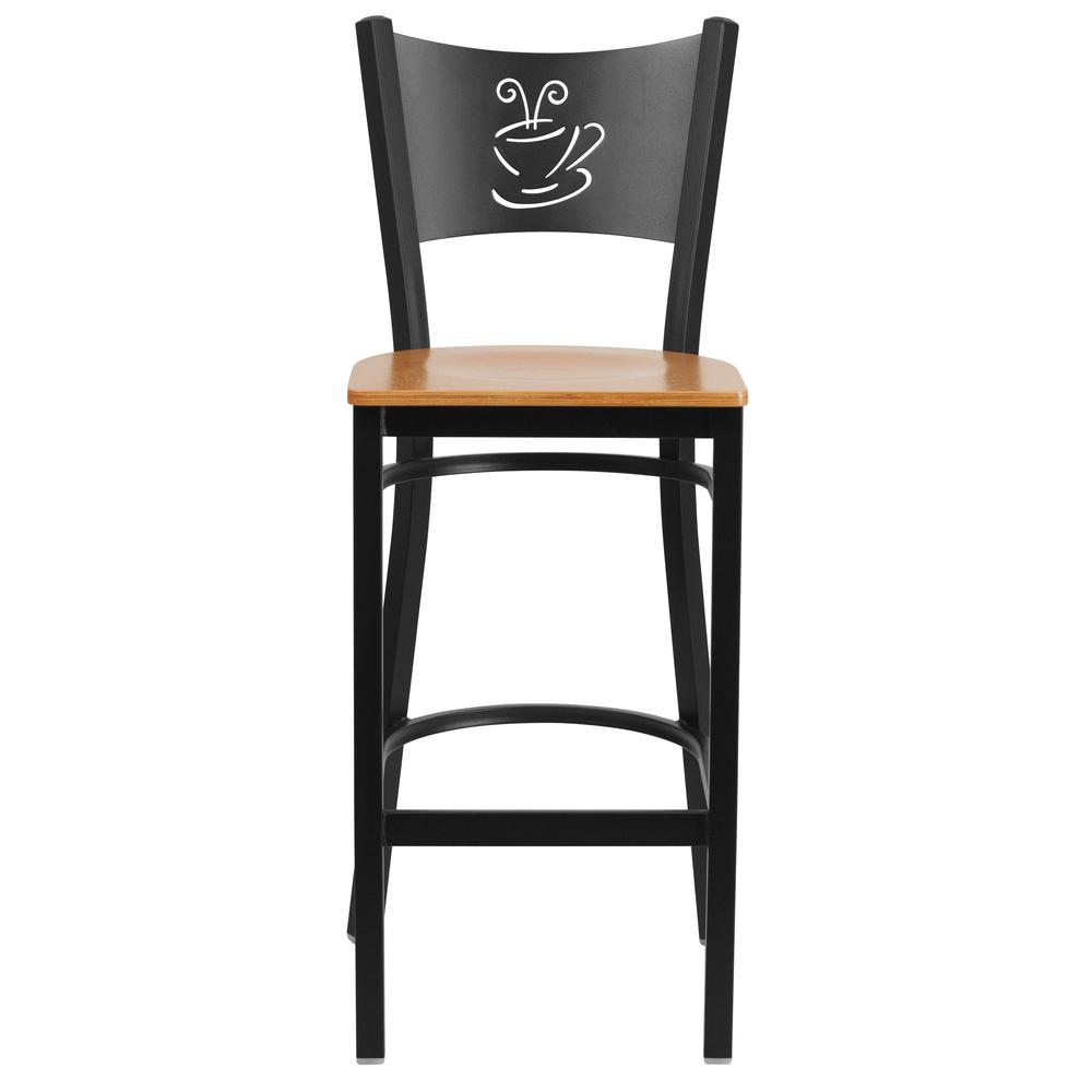 Black Coffee Back Metal Restaurant Barstool - Natural Wood Seat. Picture 4