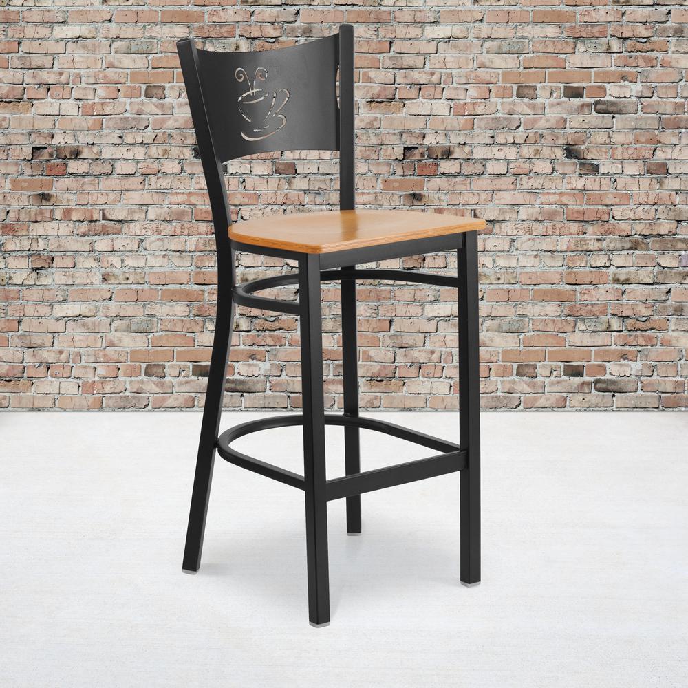 Black Coffee Back Metal Restaurant Barstool - Natural Wood Seat. Picture 5