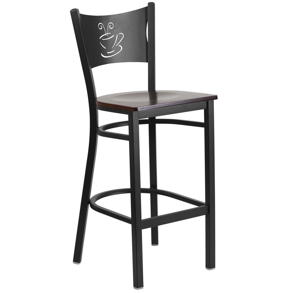 Black Coffee Back Metal Restaurant Barstool - Walnut Wood Seat. Picture 1