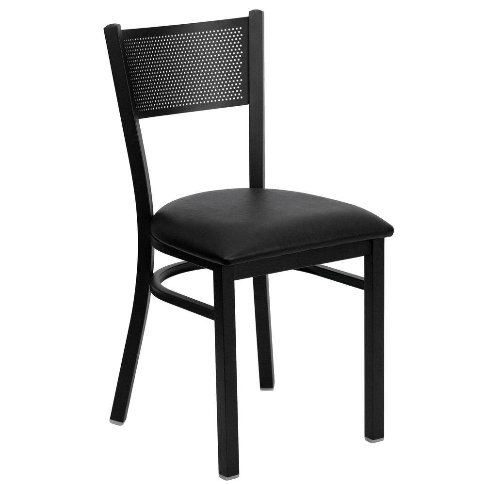 Black Grid Back Metal Restaurant Chair - Black Vinyl Seat. Picture 1