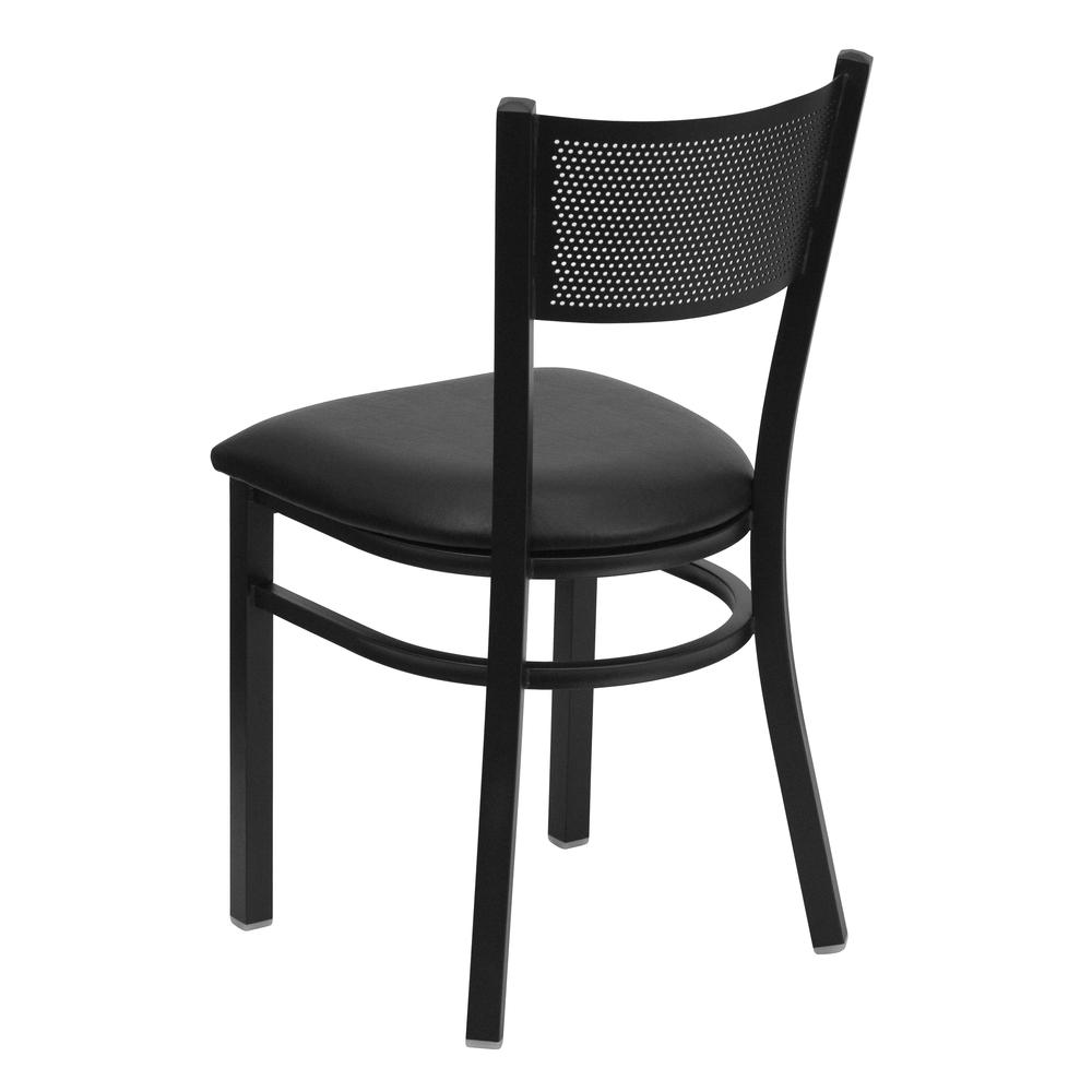 Black Grid Back Metal Restaurant Chair - Black Vinyl Seat. Picture 3