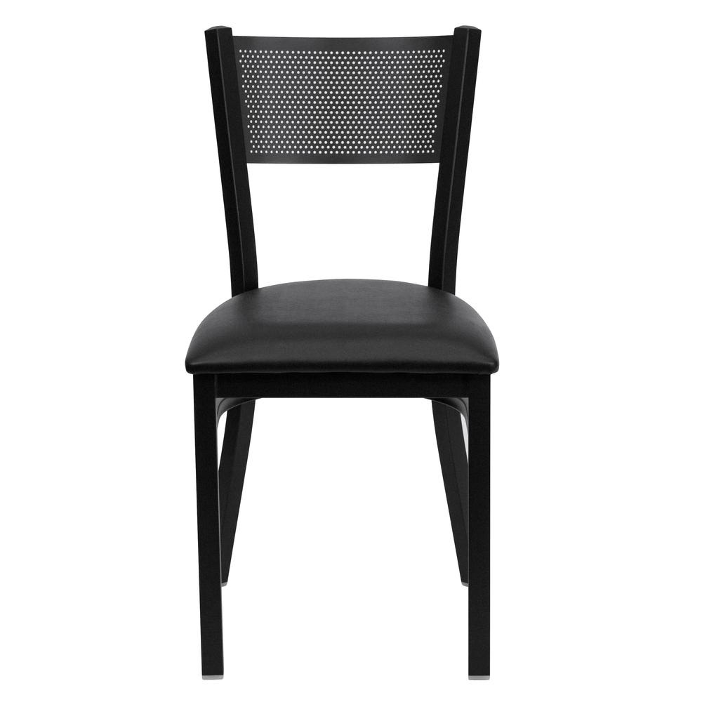 Black Grid Back Metal Restaurant Chair - Black Vinyl Seat. Picture 4