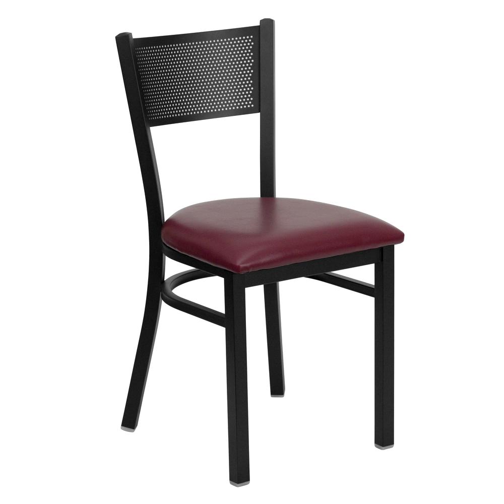 Black Grid Back Metal Restaurant Chair - Burgundy Vinyl Seat. Picture 1