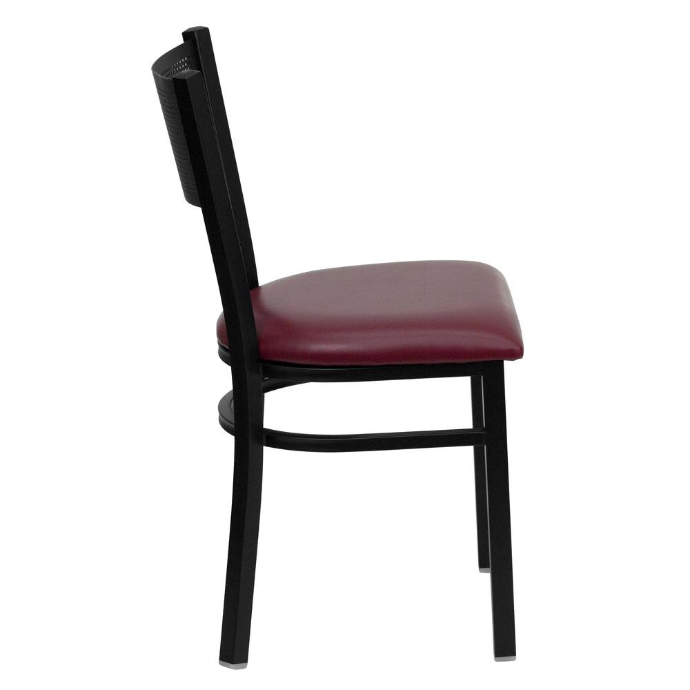 Black Grid Back Metal Restaurant Chair - Burgundy Vinyl Seat. Picture 2