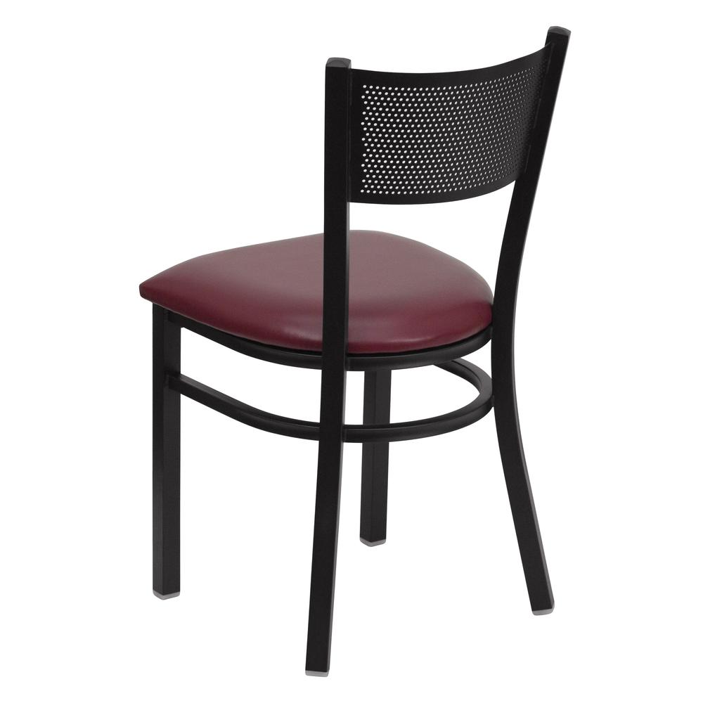 Black Grid Back Metal Restaurant Chair - Burgundy Vinyl Seat. Picture 3