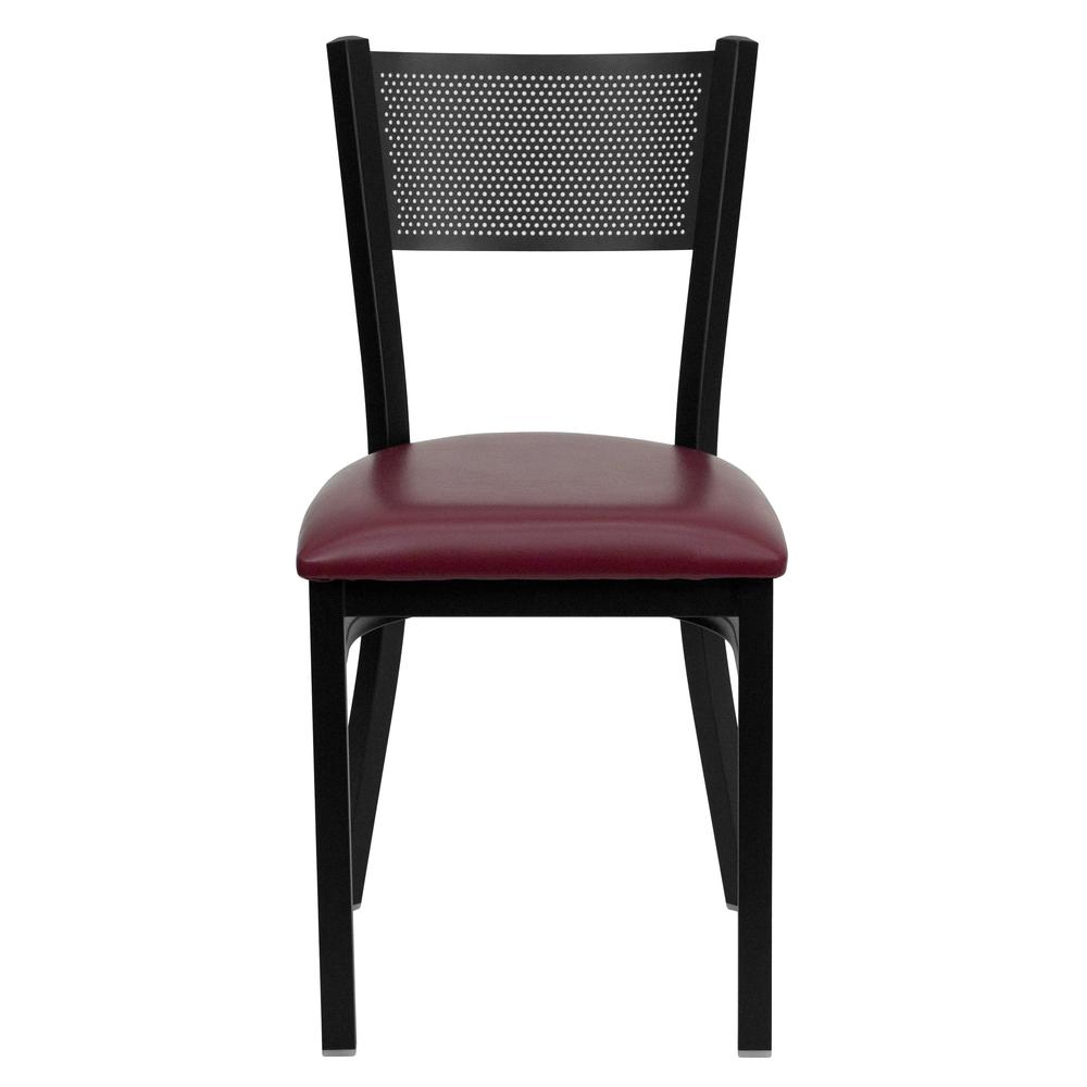 Black Grid Back Metal Restaurant Chair - Burgundy Vinyl Seat. Picture 4