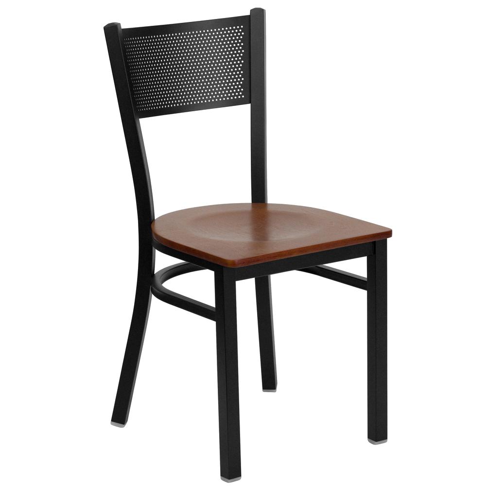 Black Grid Back Metal Restaurant Chair - Cherry Wood Seat. Picture 1