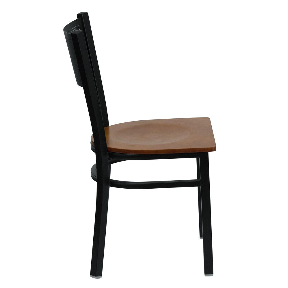 Black Grid Back Metal Restaurant Chair - Cherry Wood Seat. Picture 2