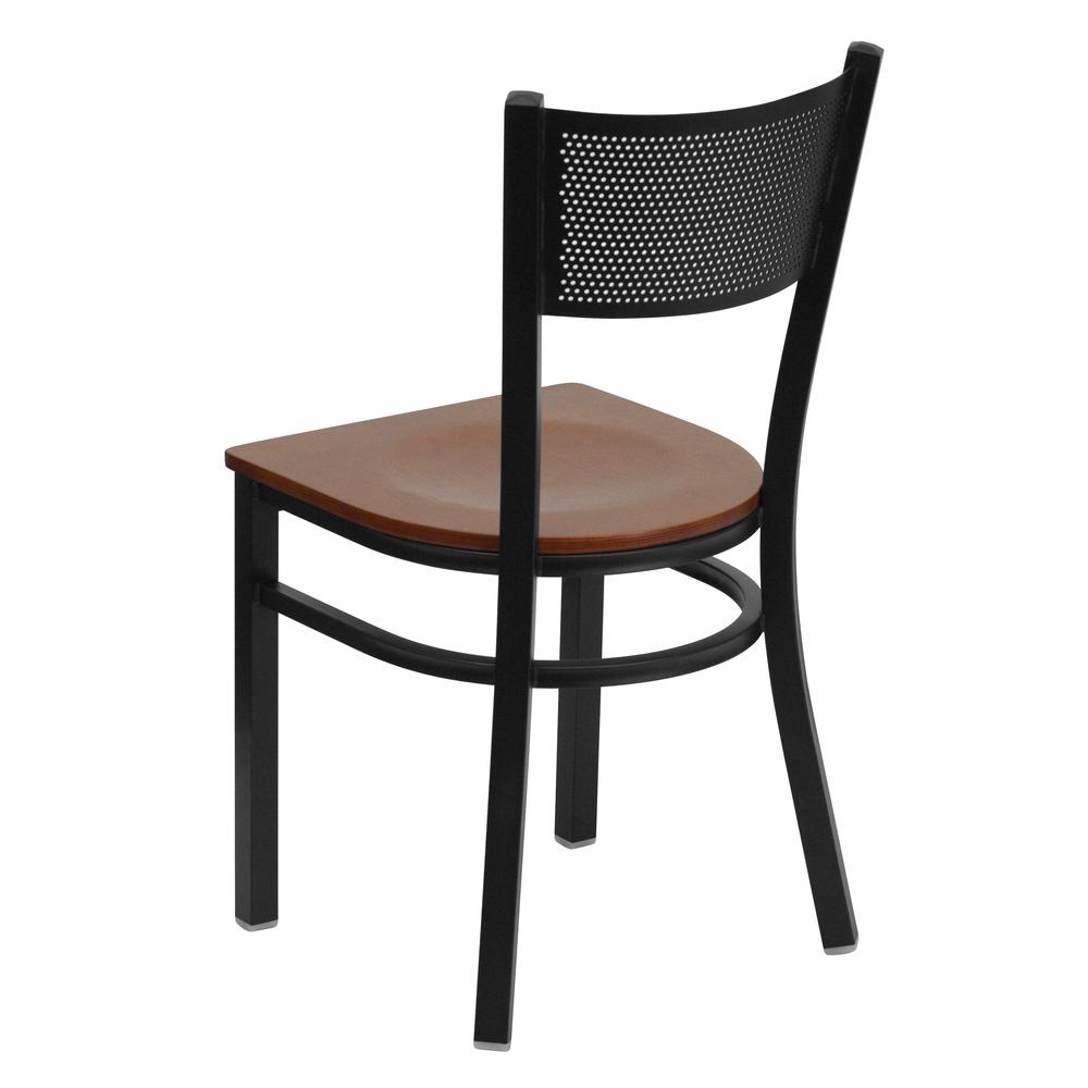 Black Grid Back Metal Restaurant Chair - Cherry Wood Seat. Picture 3