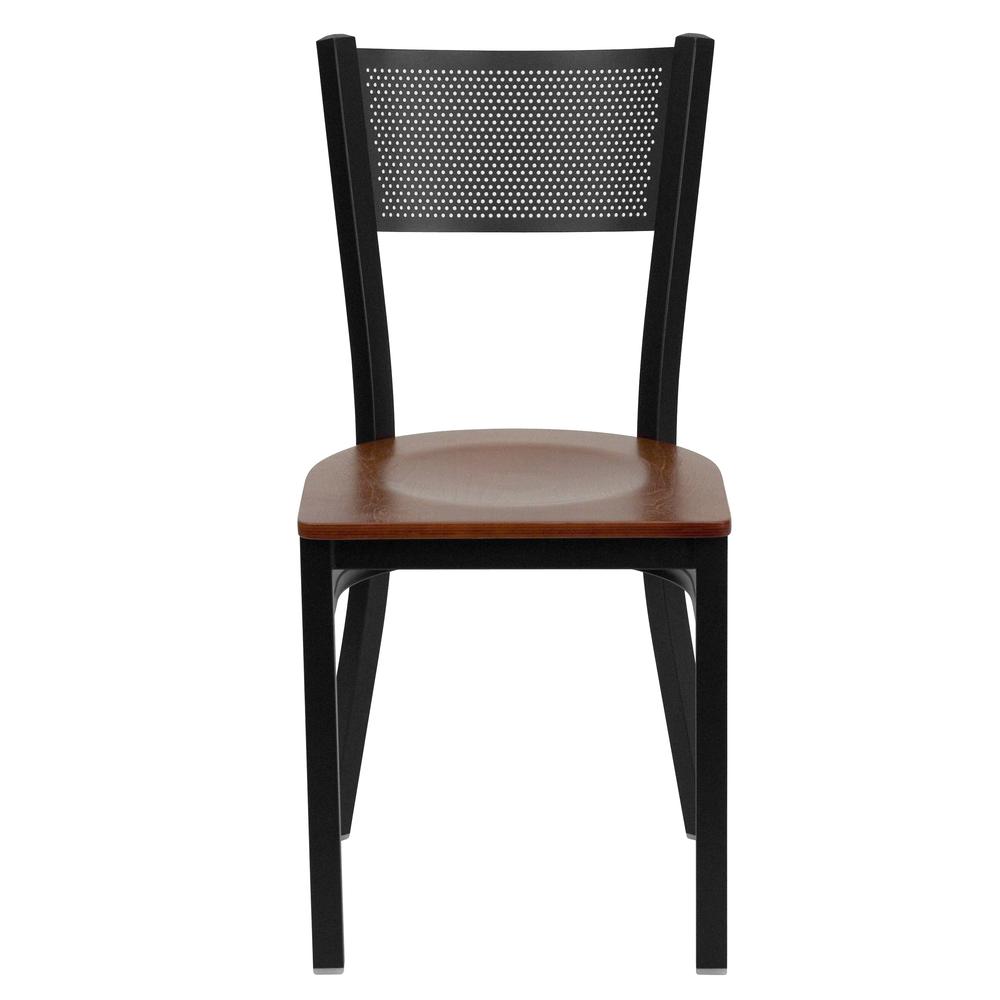 Black Grid Back Metal Restaurant Chair - Cherry Wood Seat. Picture 4