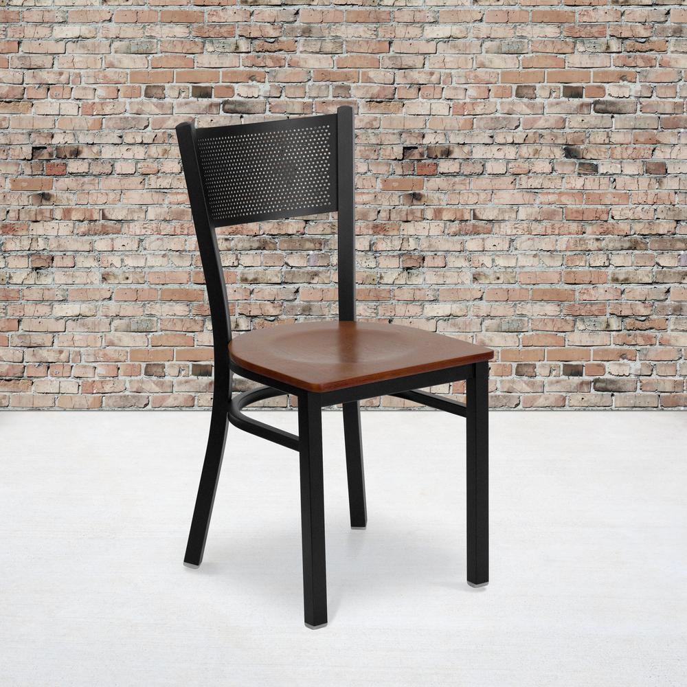 Black Grid Back Metal Restaurant Chair - Cherry Wood Seat. Picture 5