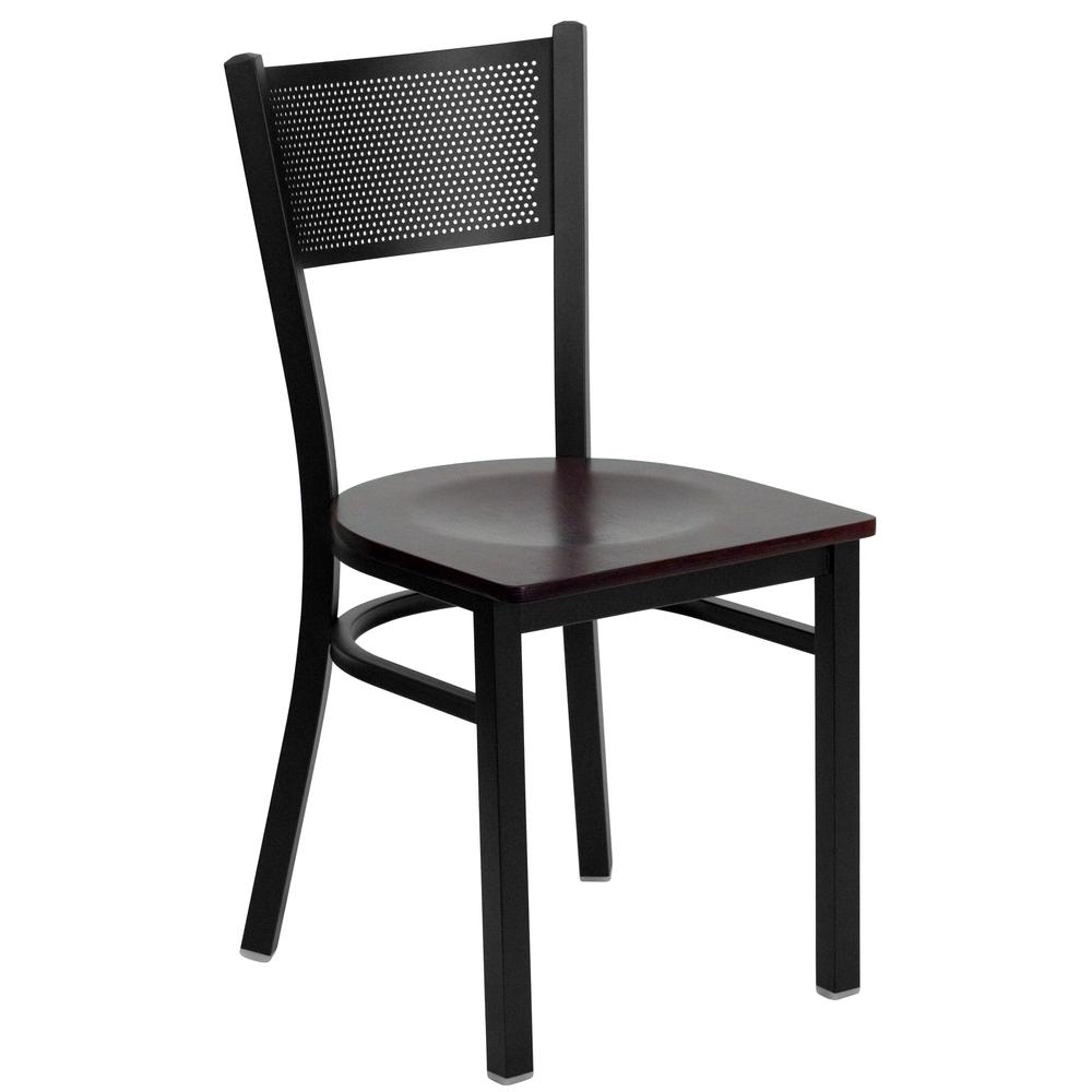 Black Grid Back Metal Restaurant Chair - Mahogany Wood Seat. Picture 1