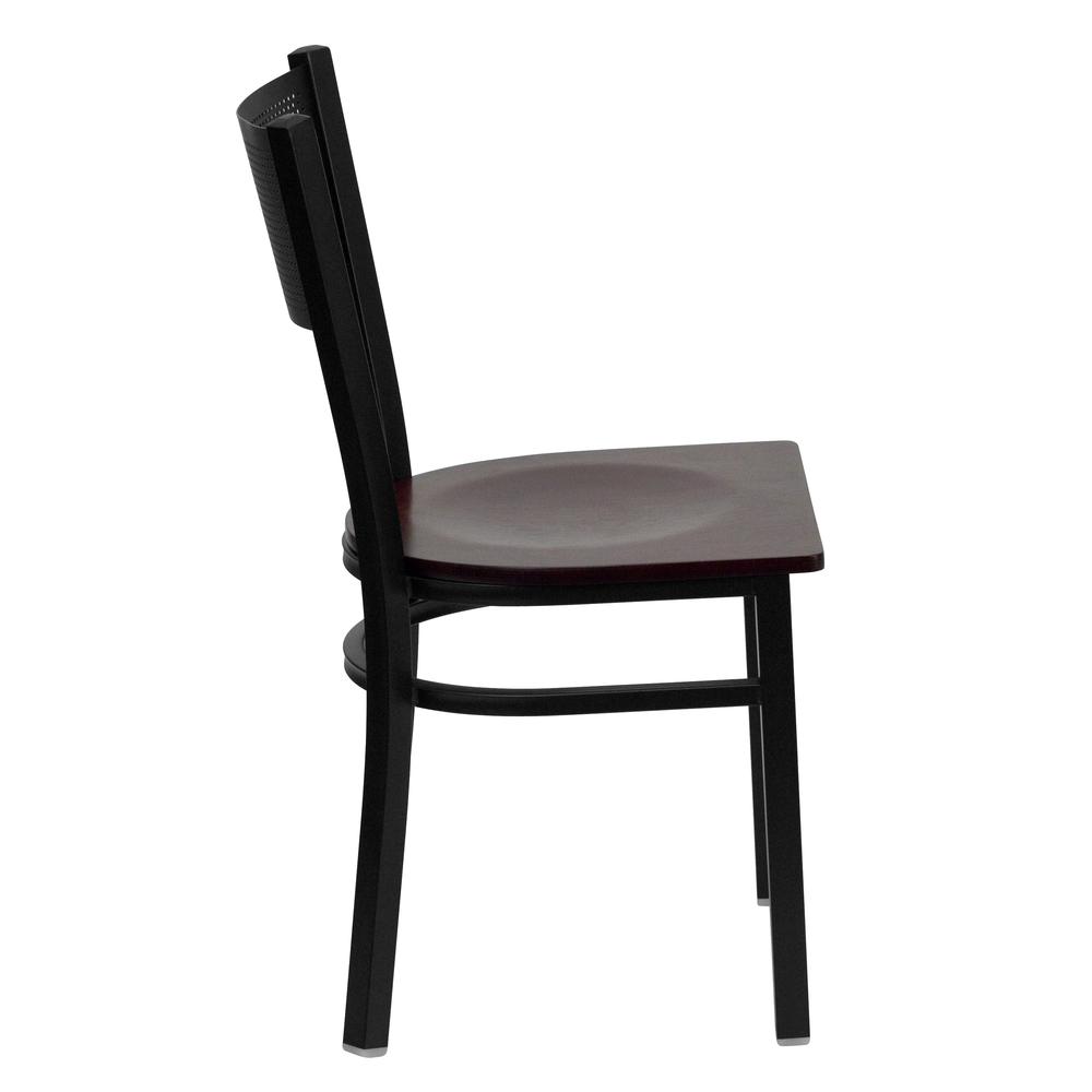 Black Grid Back Metal Restaurant Chair - Mahogany Wood Seat. Picture 2