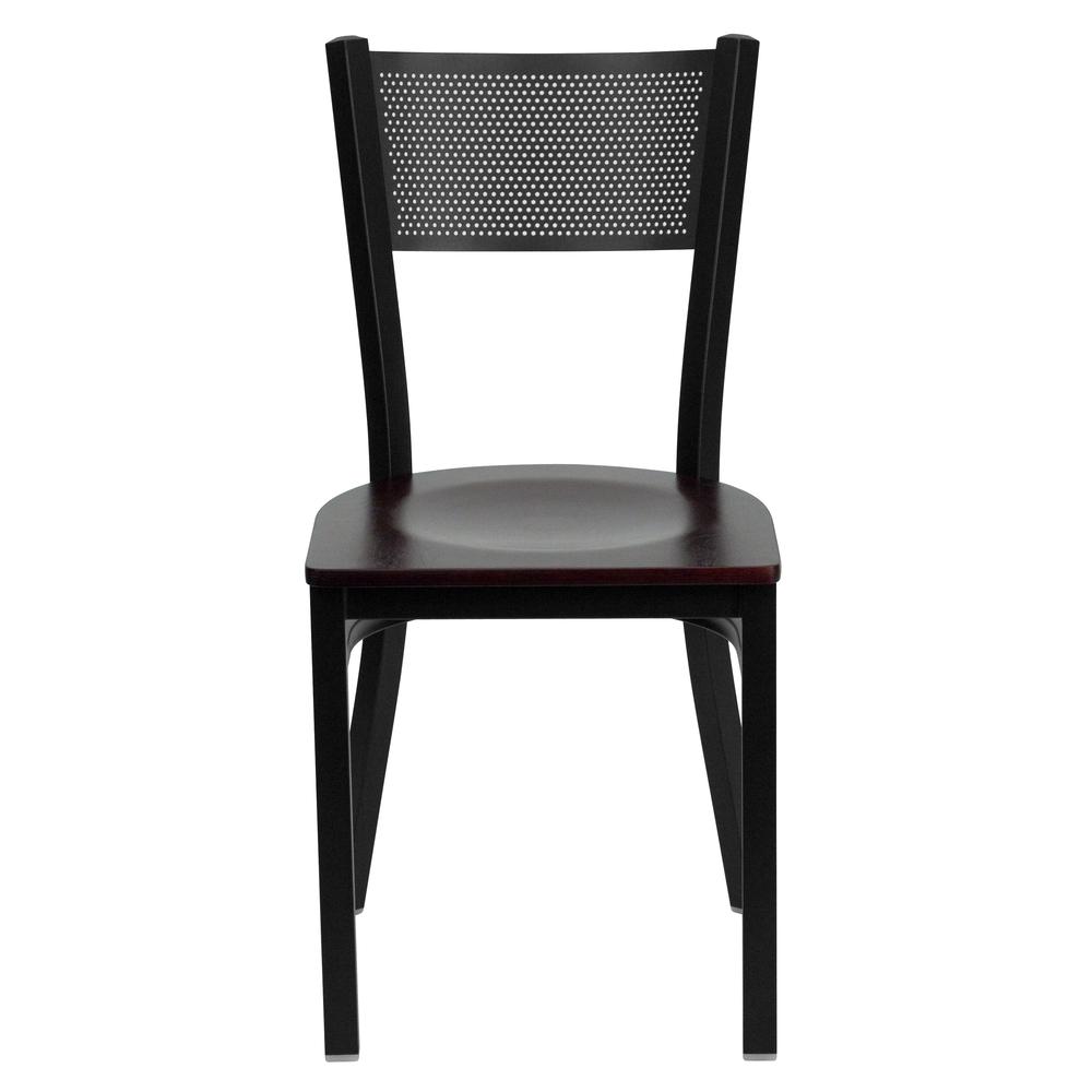 Black Grid Back Metal Restaurant Chair - Mahogany Wood Seat. Picture 4