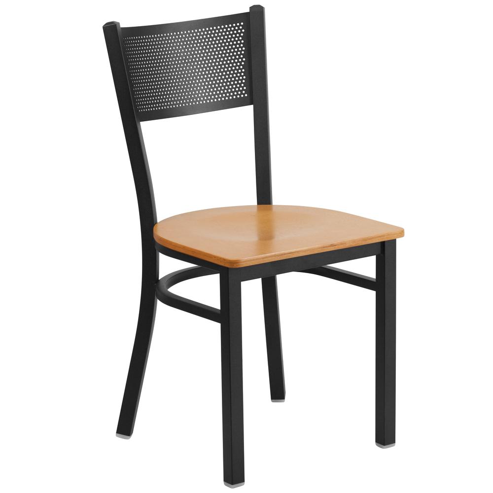 Black Grid Back Metal Restaurant Chair - Natural Wood Seat. Picture 1