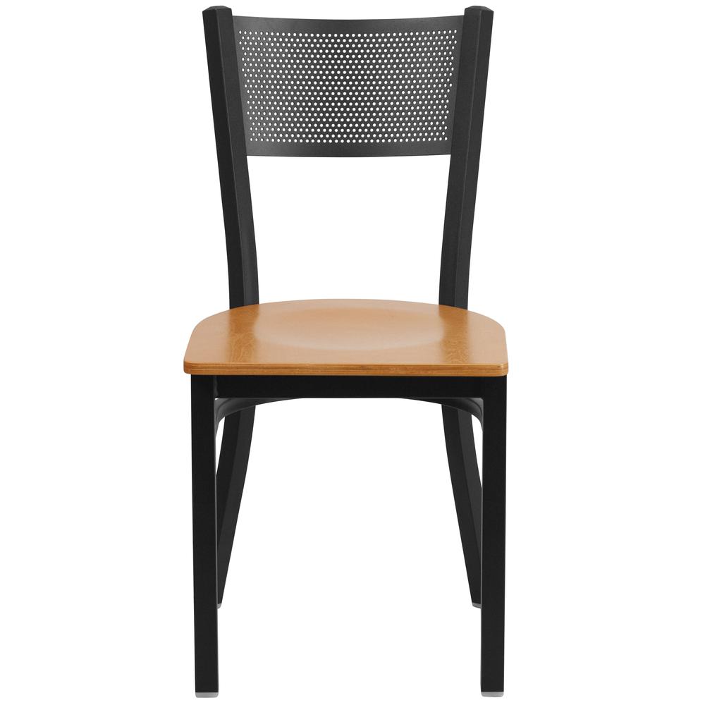 Black Grid Back Metal Restaurant Chair - Natural Wood Seat. Picture 4