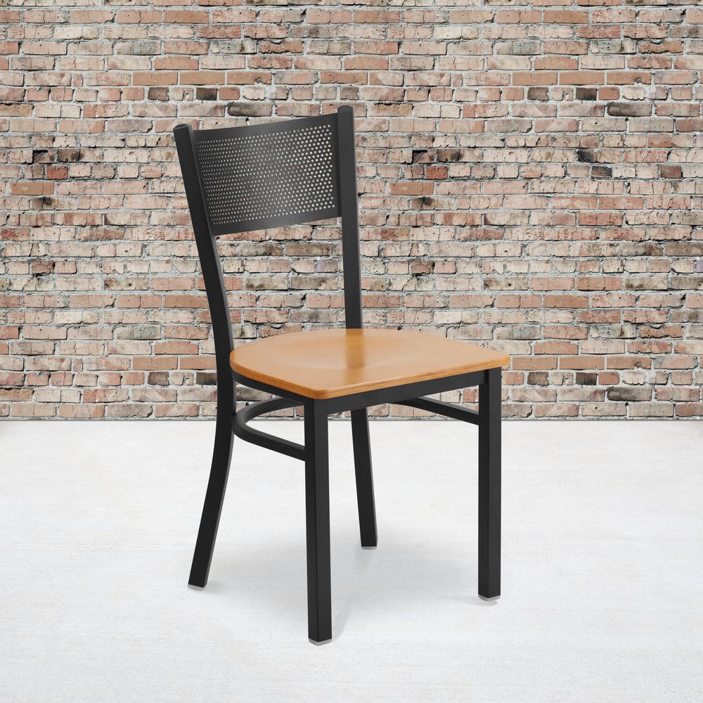 Black Grid Back Metal Restaurant Chair - Natural Wood Seat. Picture 5