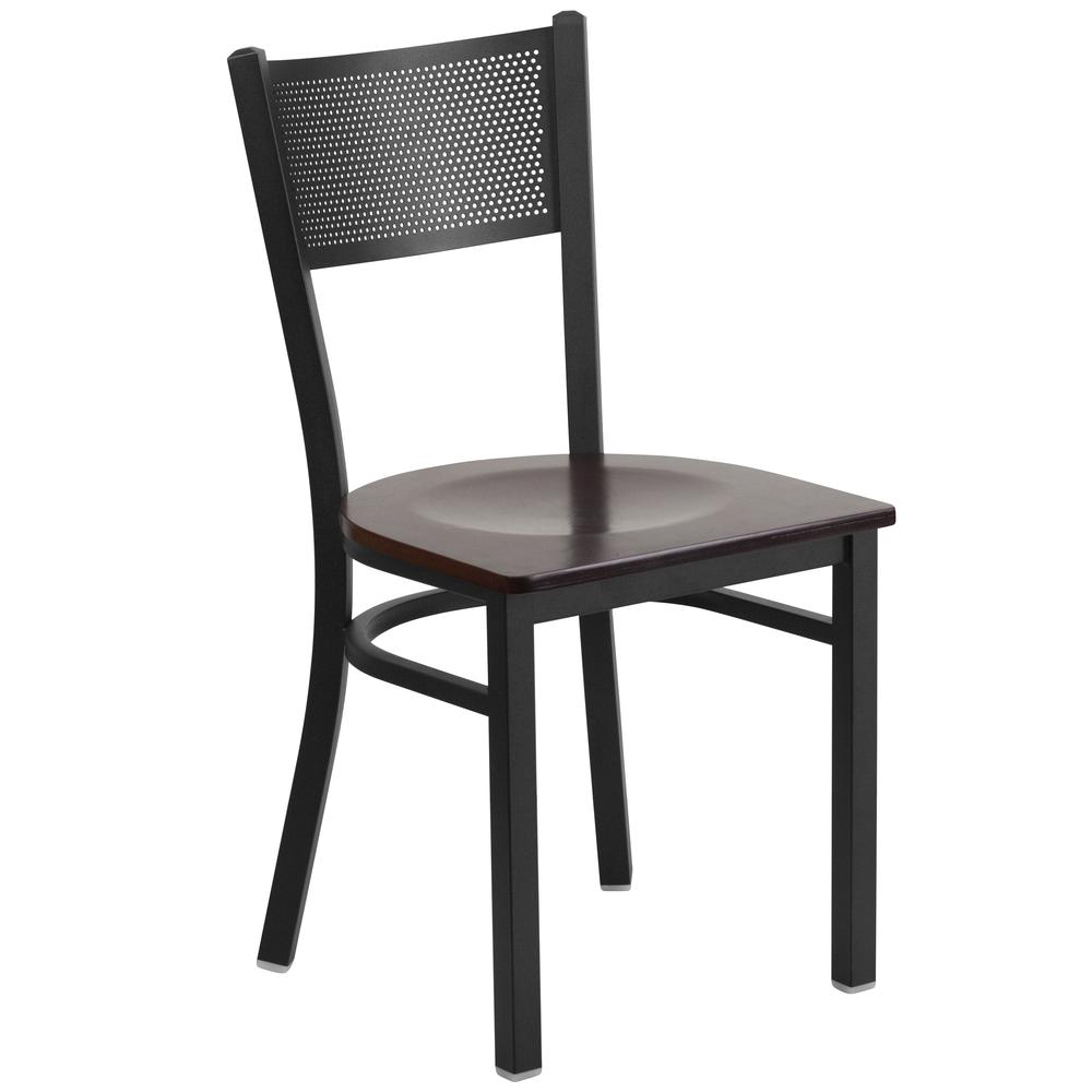 Black Grid Back Metal Restaurant Chair - Walnut Wood Seat. Picture 1