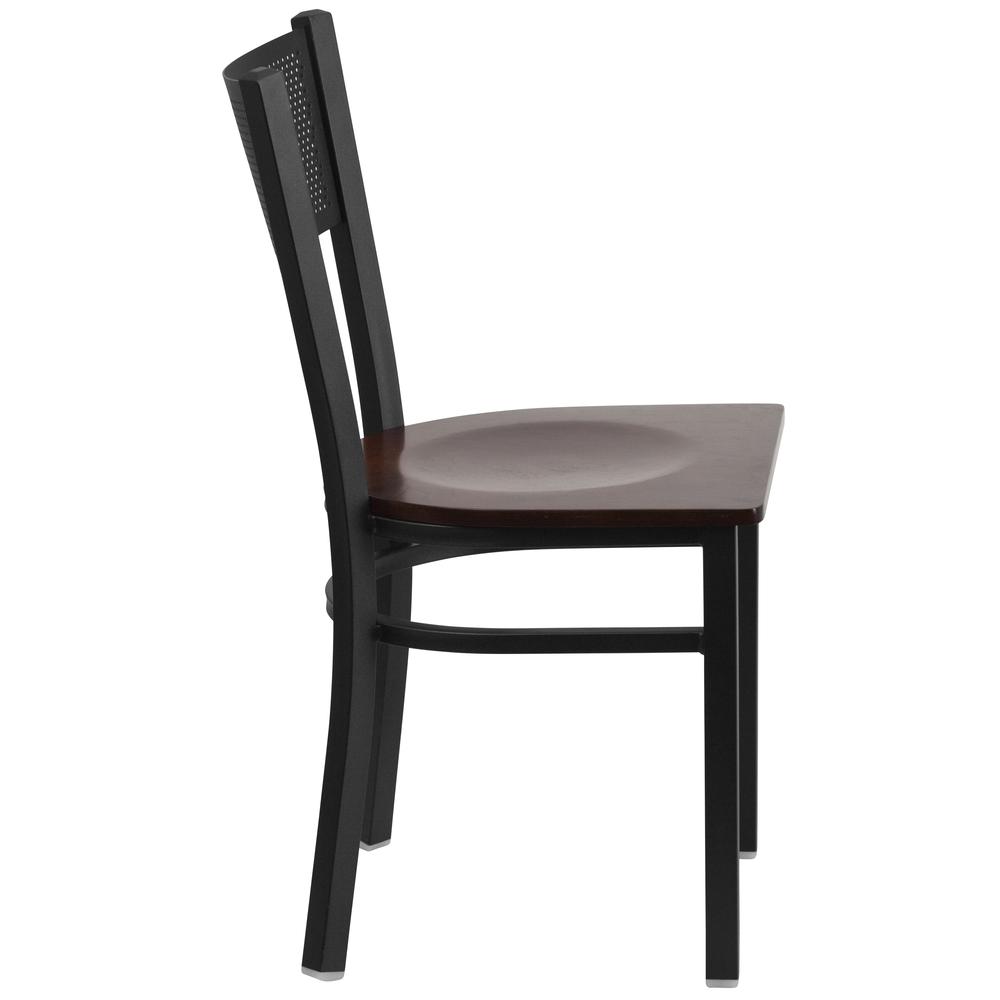 Black Grid Back Metal Restaurant Chair - Walnut Wood Seat. Picture 2