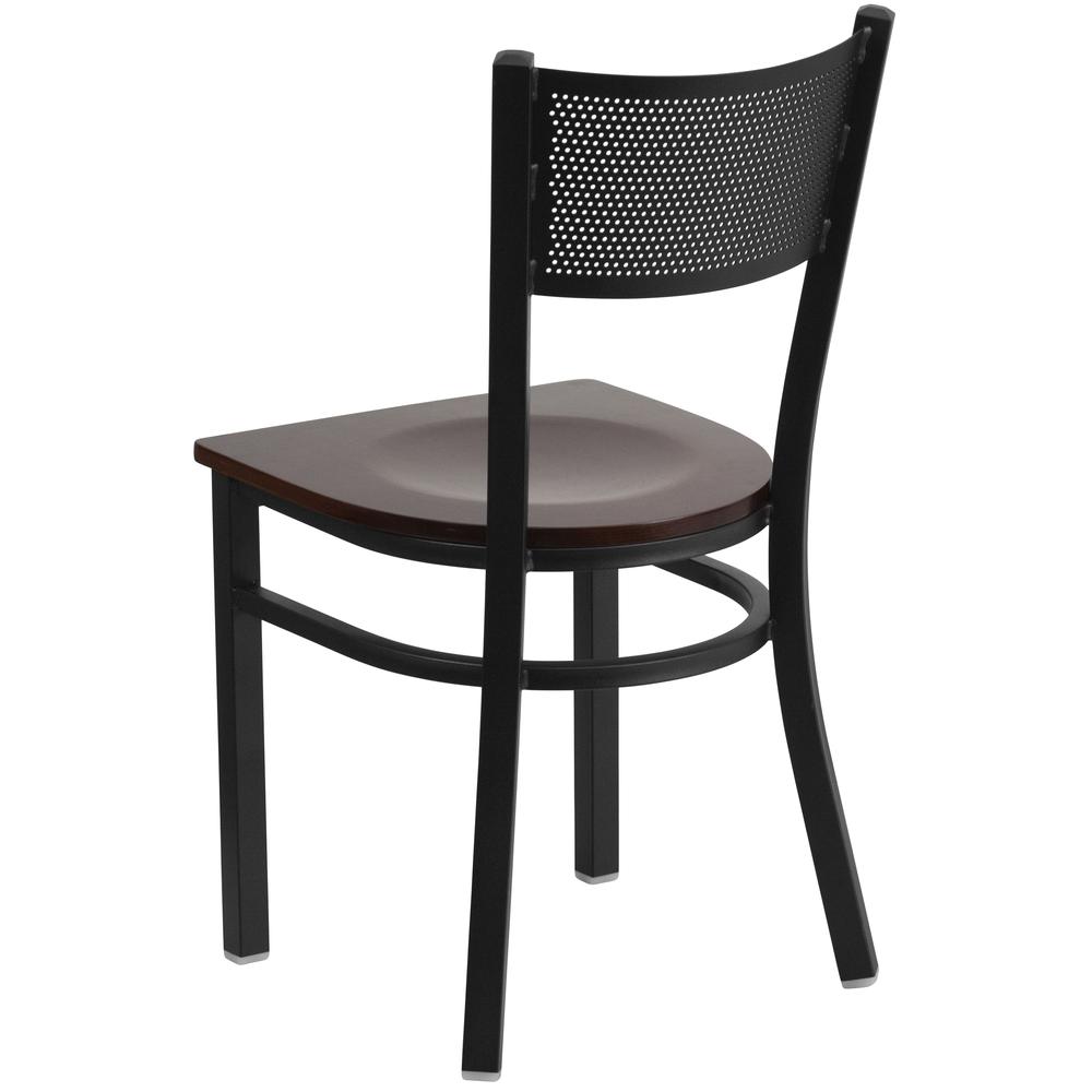 Black Grid Back Metal Restaurant Chair - Walnut Wood Seat. Picture 3